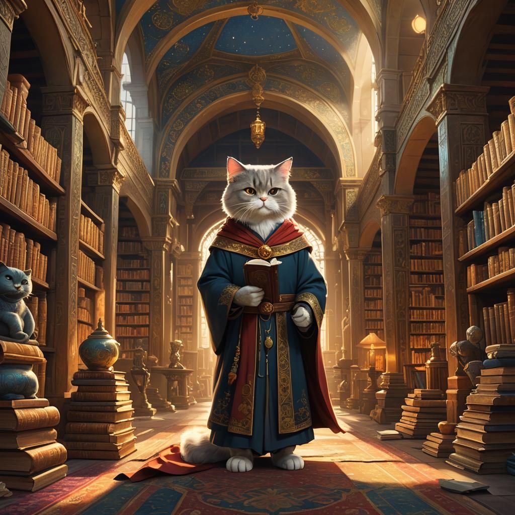 Persian Cat Monk Scholar in Grand Library
