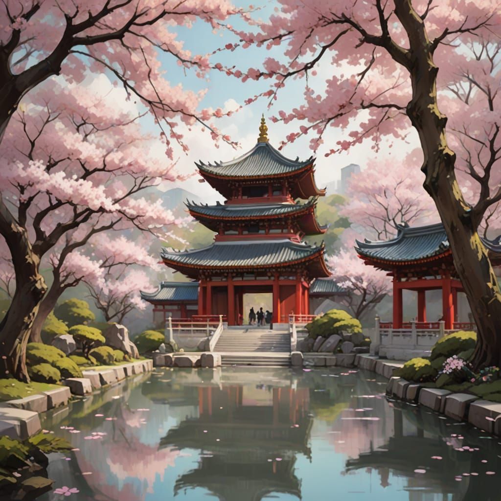 Ethereal Chinese Temple in Vibrant Sakura Garden