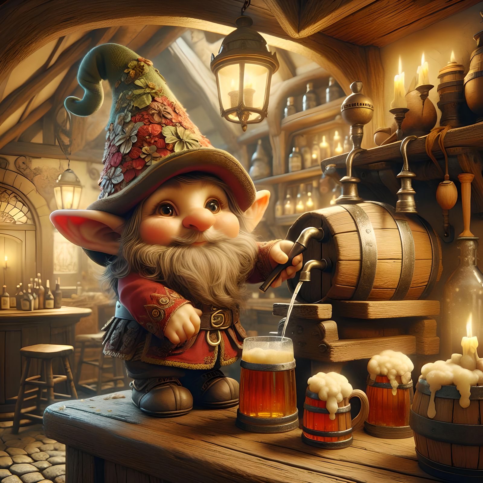 Gnome barmaid, in the style of late 19th early 20th century fantasy artists