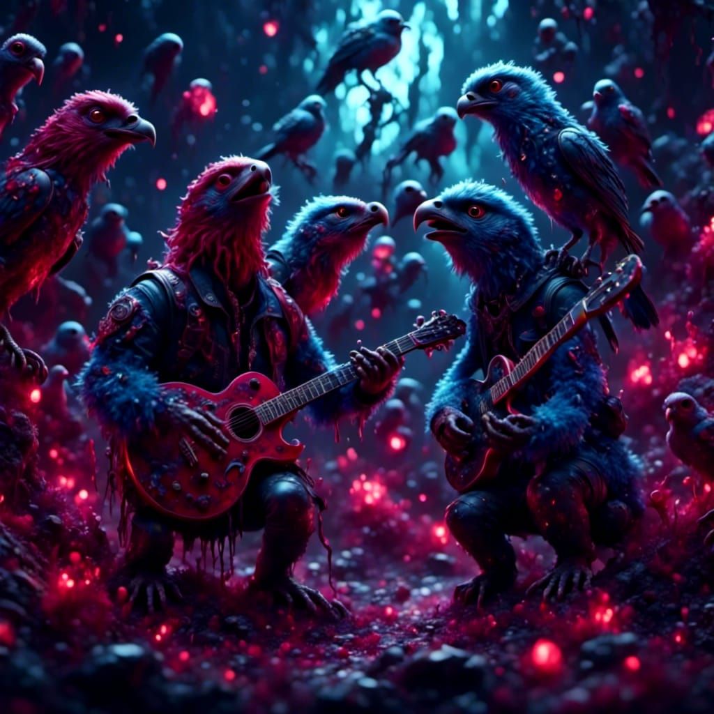Birds Rocking Out with Guitars in Cute Horror Art