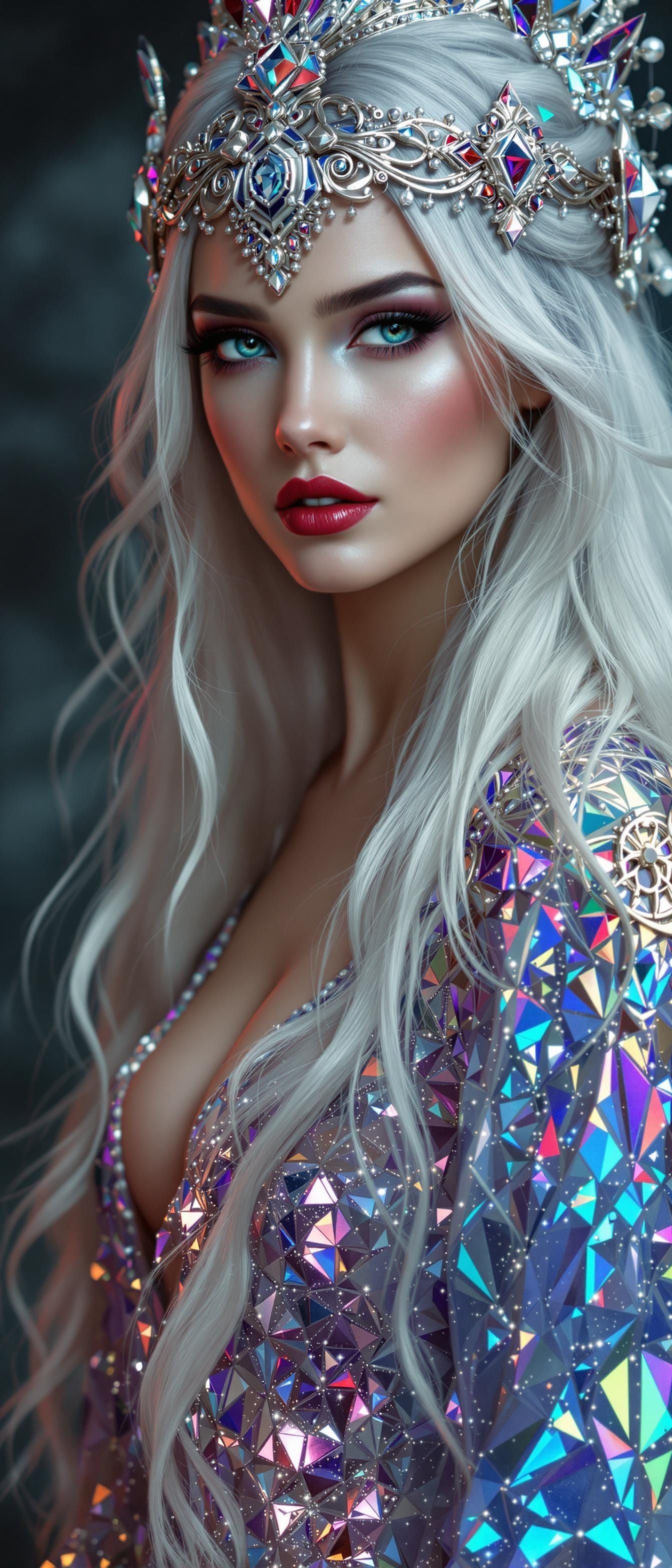 Ethereal Fantasy Portrait with Iridescent Gown and Ornate He...