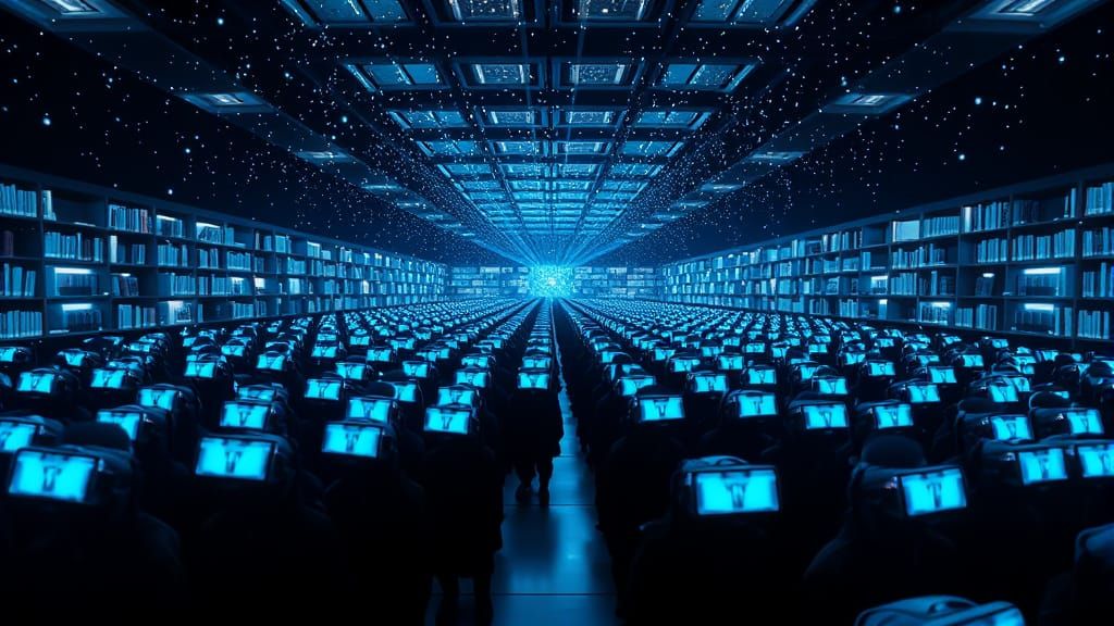 Holographic City Library at Night in Cyberpunk Atmosphere