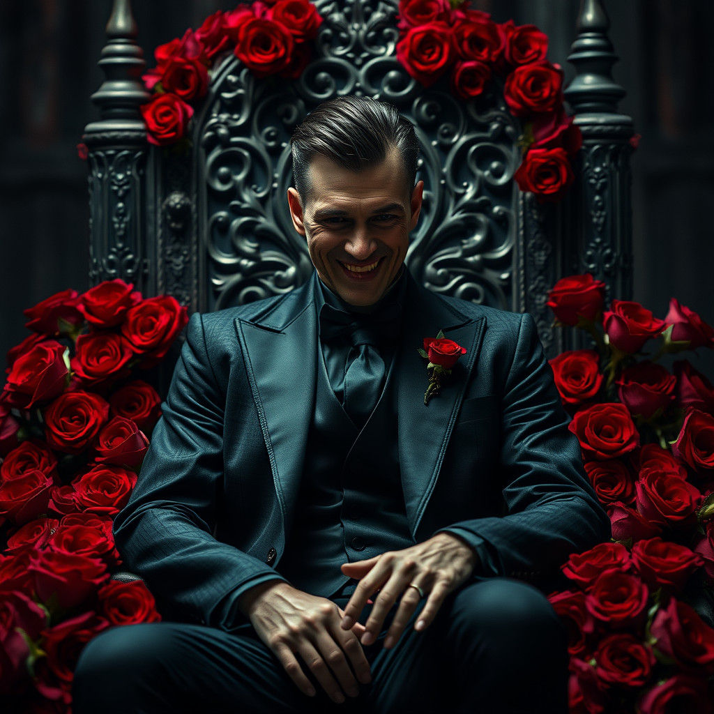Gothic Man on Throne of Roses in Hyperrealistic Style