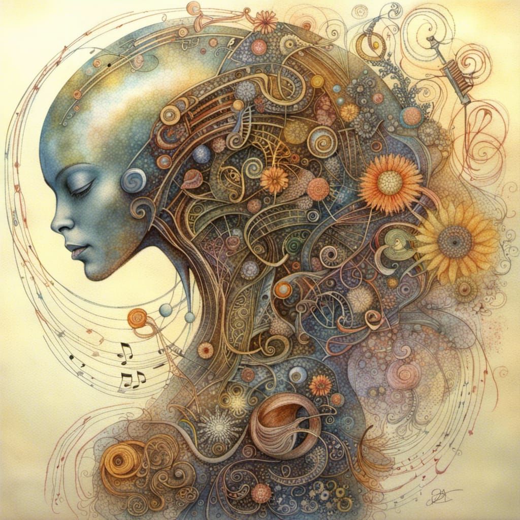 Musical Cyborg Alien with Suminagashi-Crayon Details