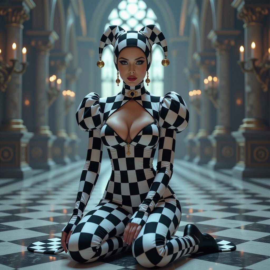 Harlequin Woman in Medieval Hall, Digital Art