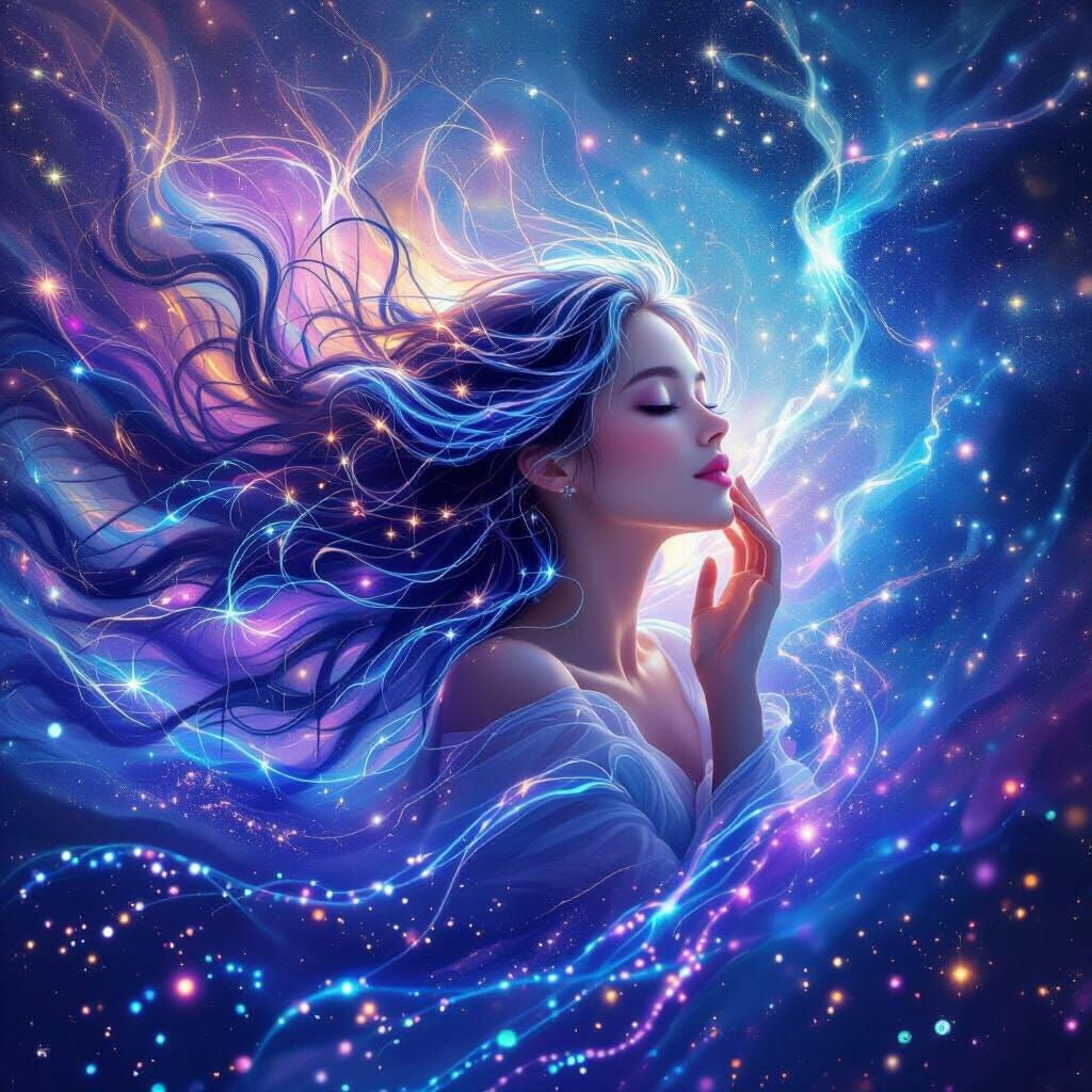 Dreamlike Woman Floating in Cosmic Nebula, Surreal Art