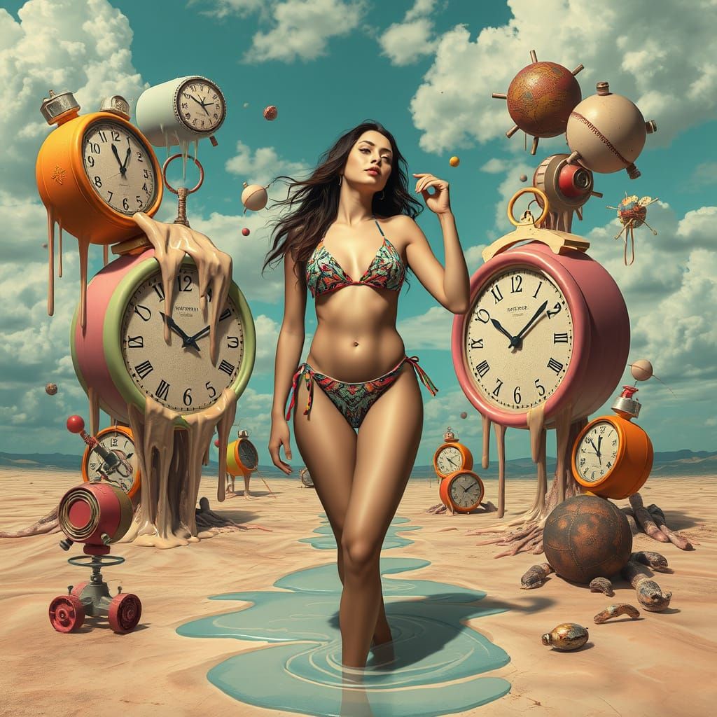 Surrealist Bikini Beauty in a Melting Clockscape