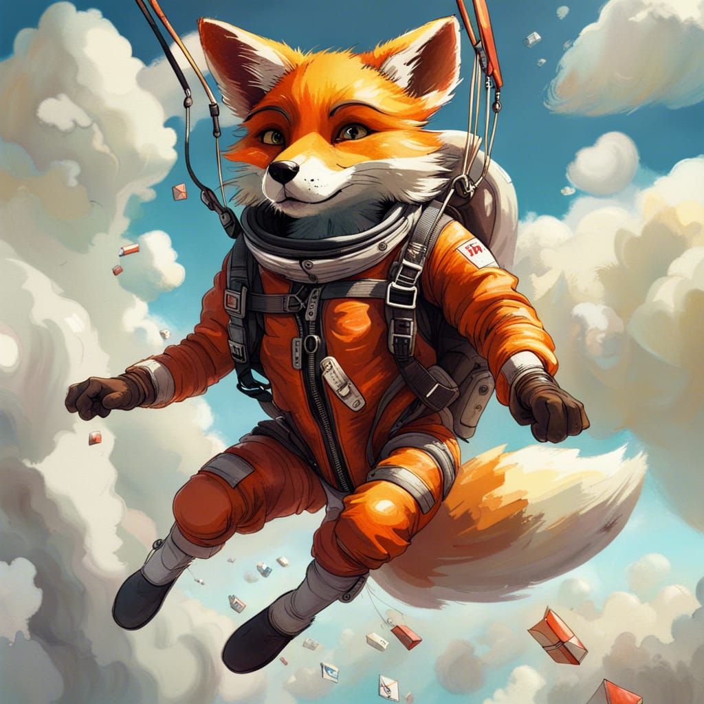 Anthro Fox Skydiving: Hyperrealistic Polychromatic Art
