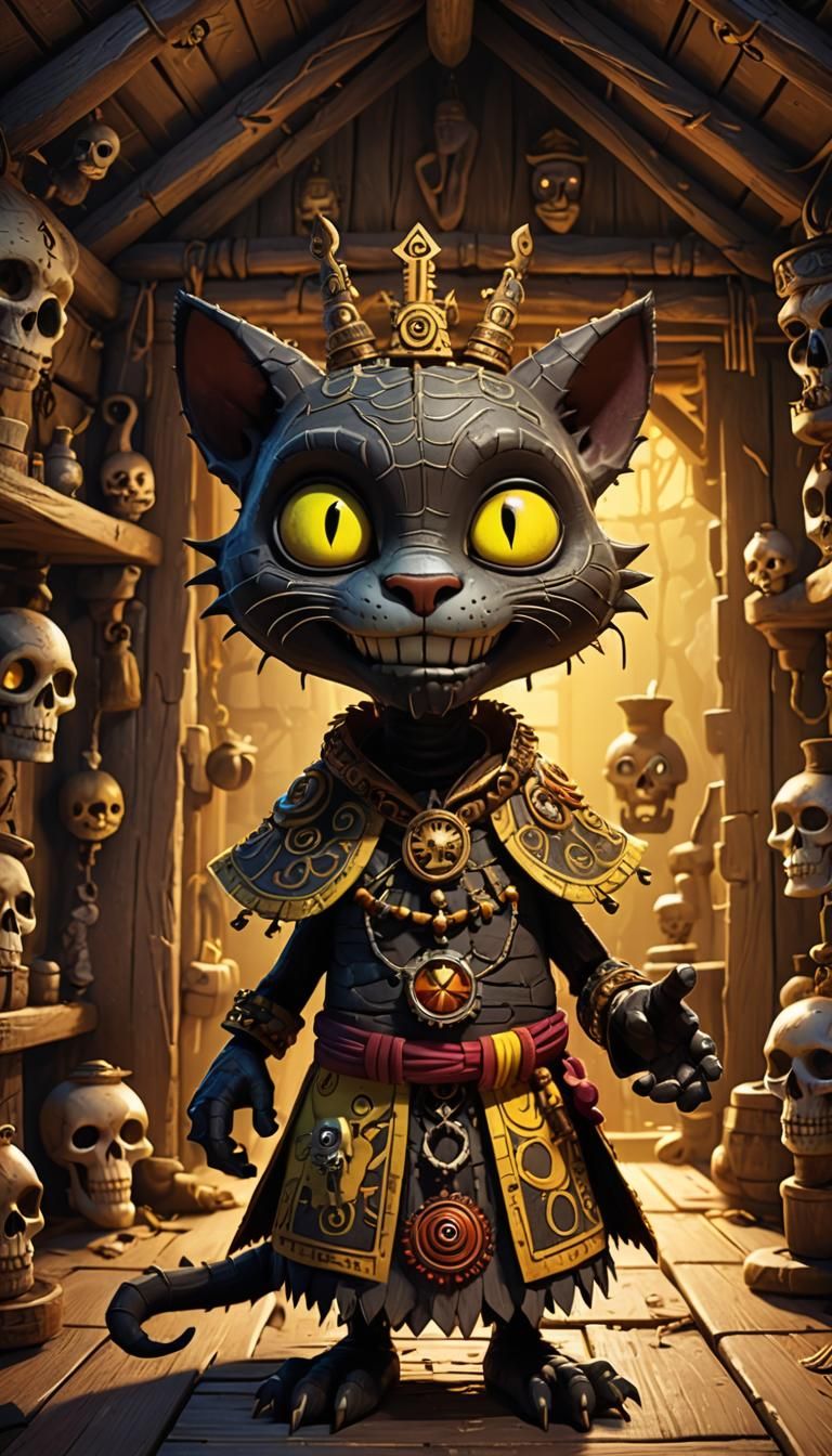 A voodoo priest in the creepy hut, cartoon style