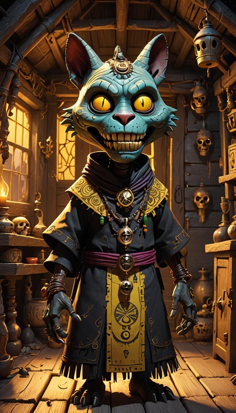 A voodoo priest in the creepy hut, cartoon style