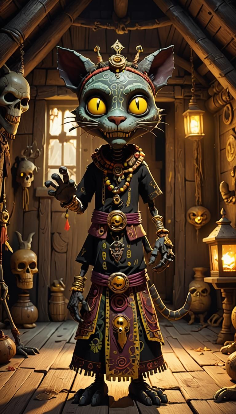 A voodoo priest in the creepy hut, cartoon style