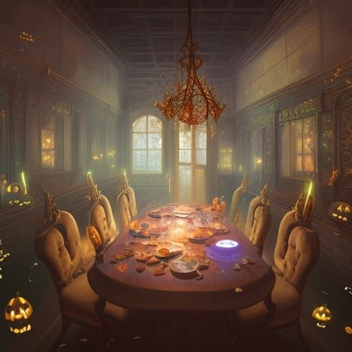 Spooky Haunted Mansion Dinner in Hyperrealistic Style