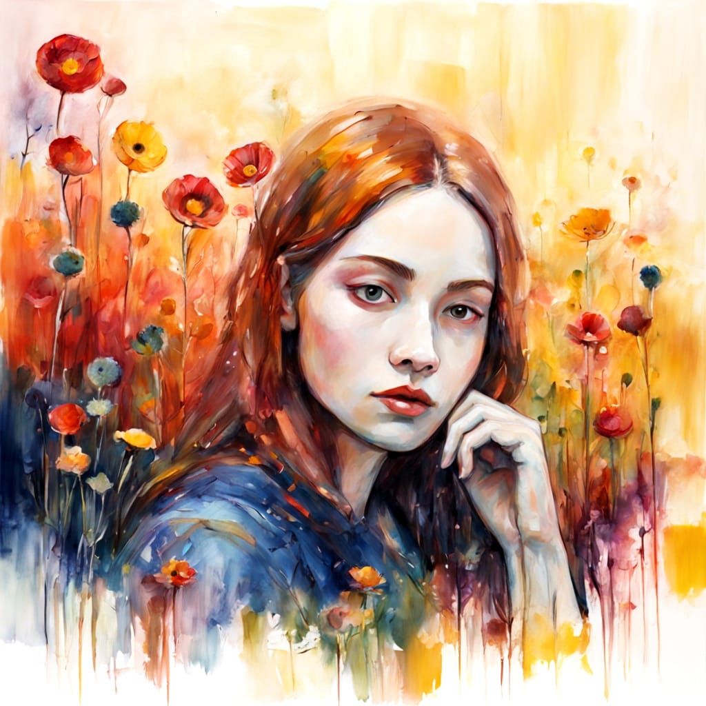 Woman in Wildflowers Naive Encaustic Painting