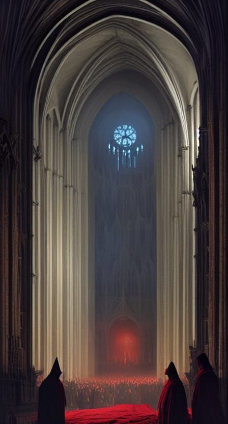 Sinister Cathedral Scene with Red-Robed Figures