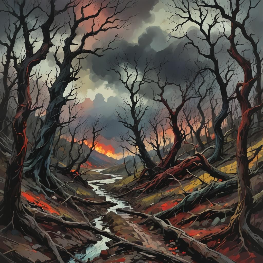 Expressionist Landscape with Hellish Figures in Fauvist Colo...