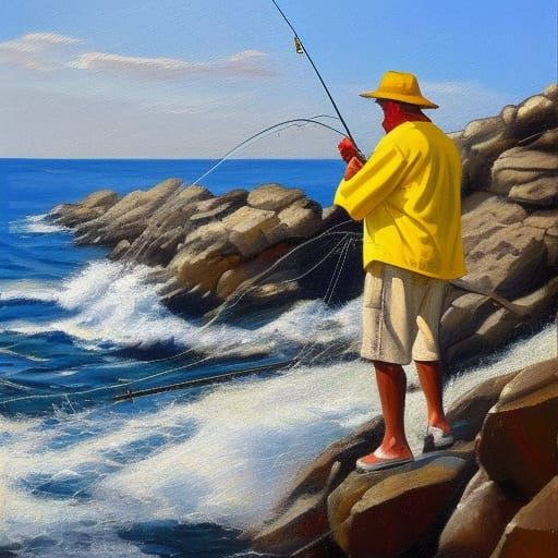 Fisherman at Rocky Bay in Oil Paint Style