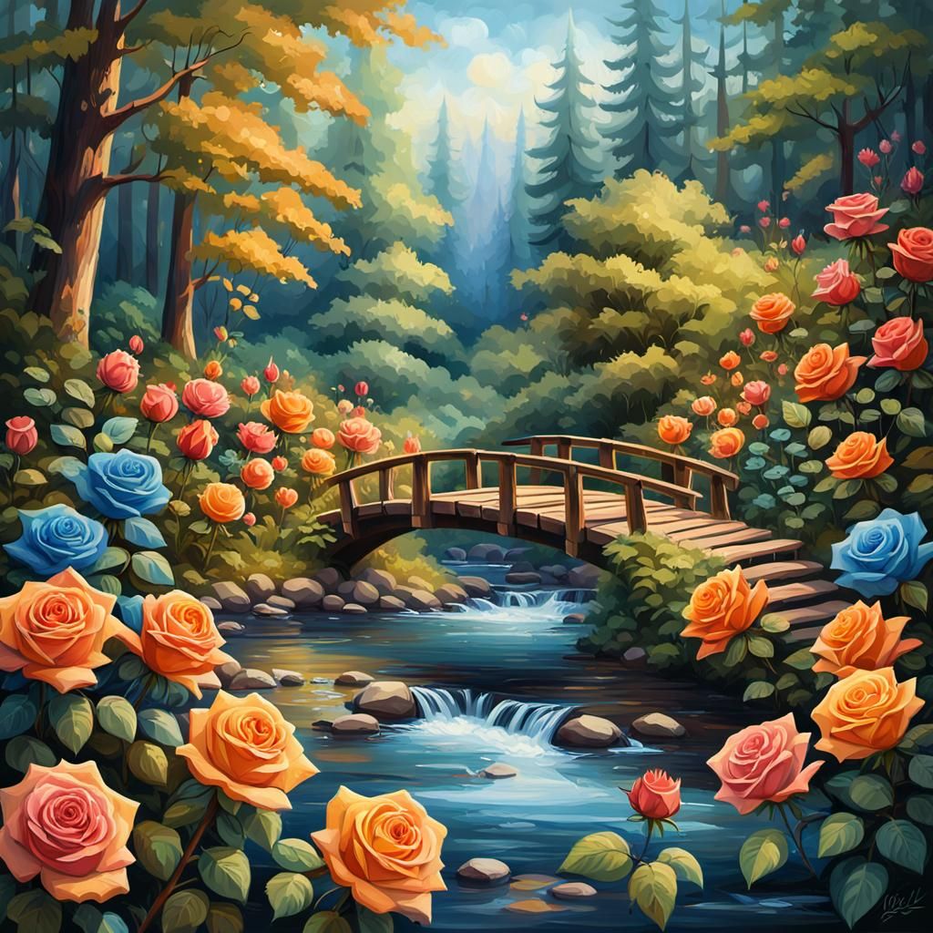 Fantastical Forest Landscape with Vibrant Roses and Wooden B...