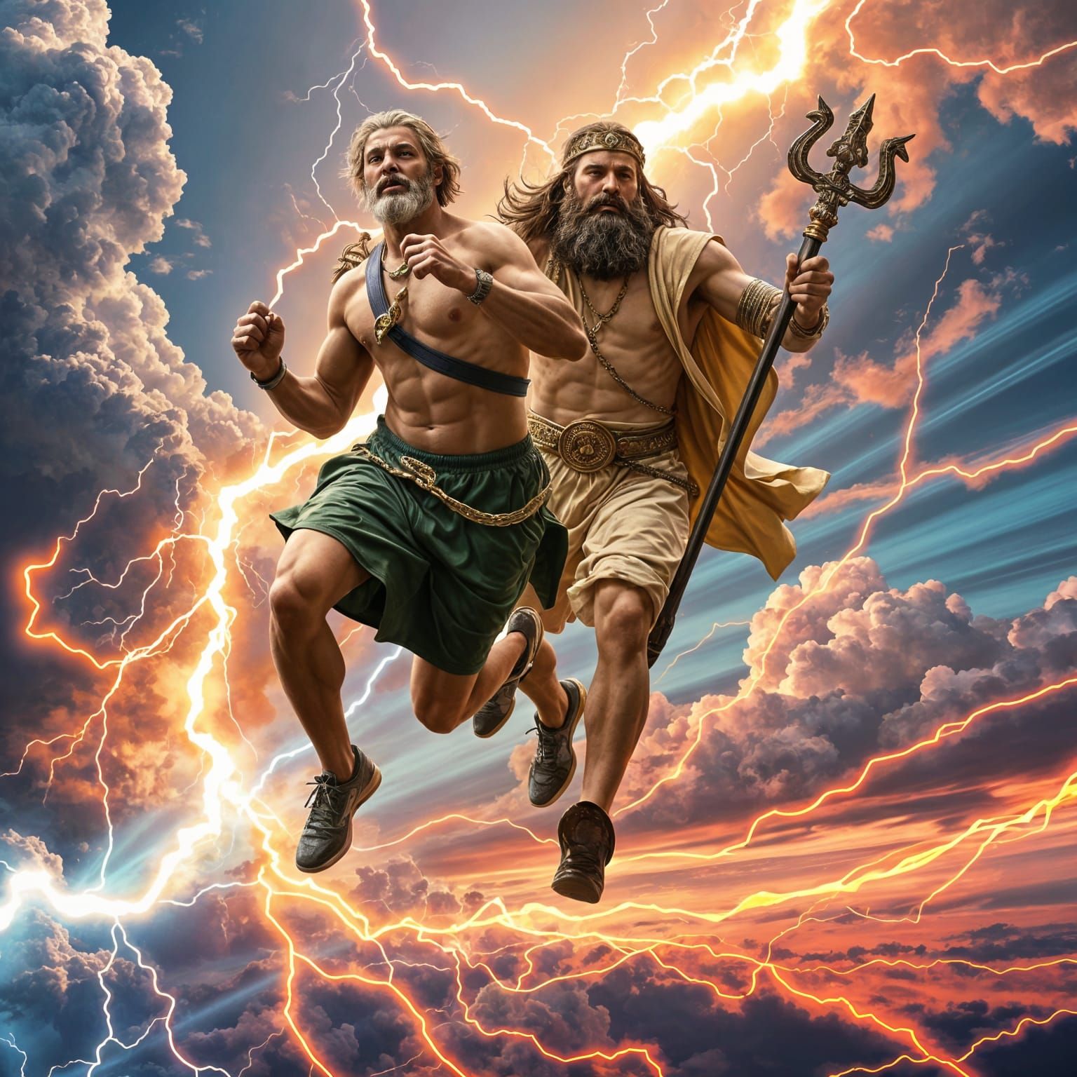 Zeus and Hermes having a marathon run on a large lightning b...
