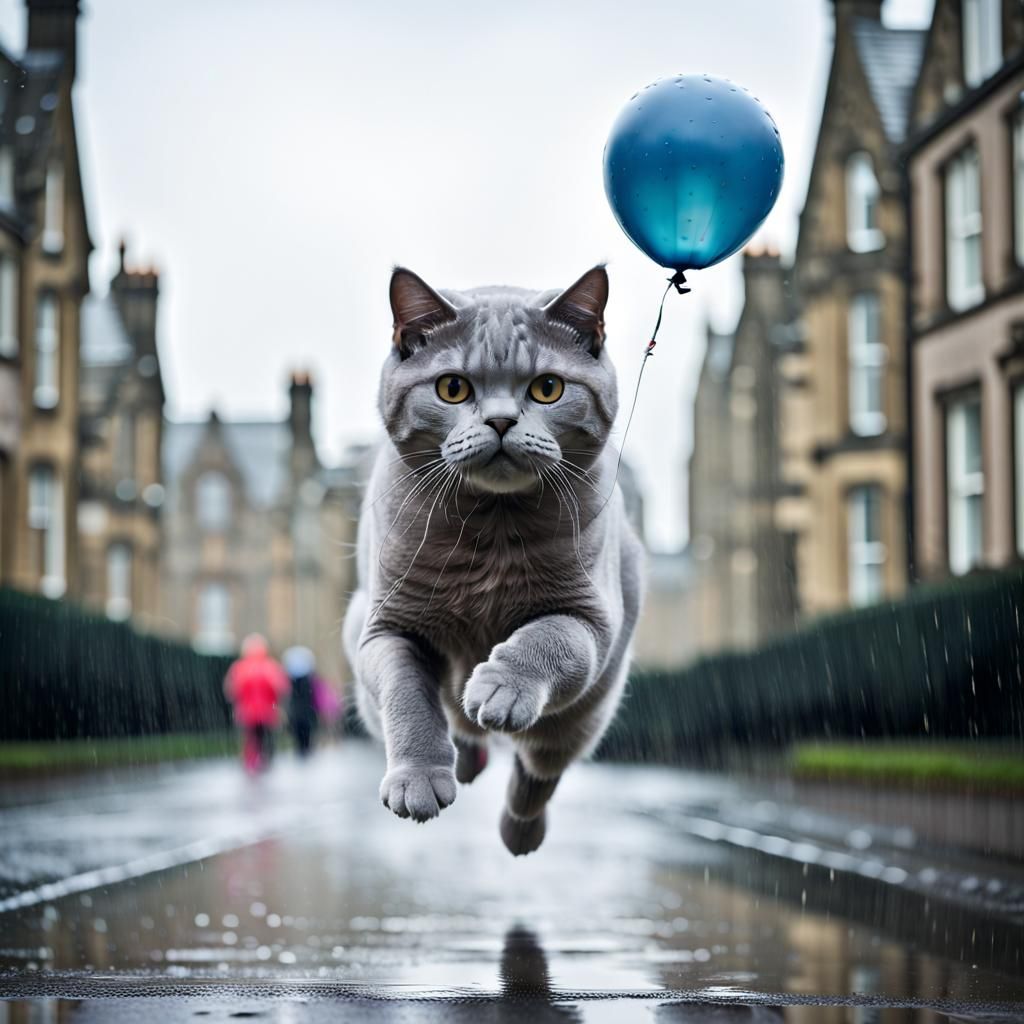 British Shorthair Cat Balloon Flight in Rainy City