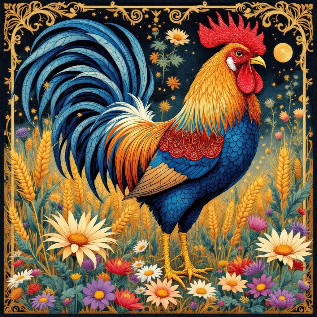 Majestic Rooster in Art Nouveau Field, Klimt & Mucha Style