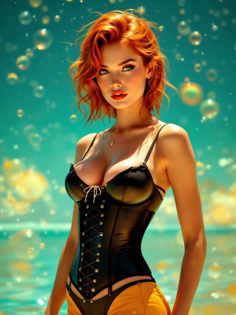 Pin-Up Woman in Golden Waves with Honeycomb Overlay
