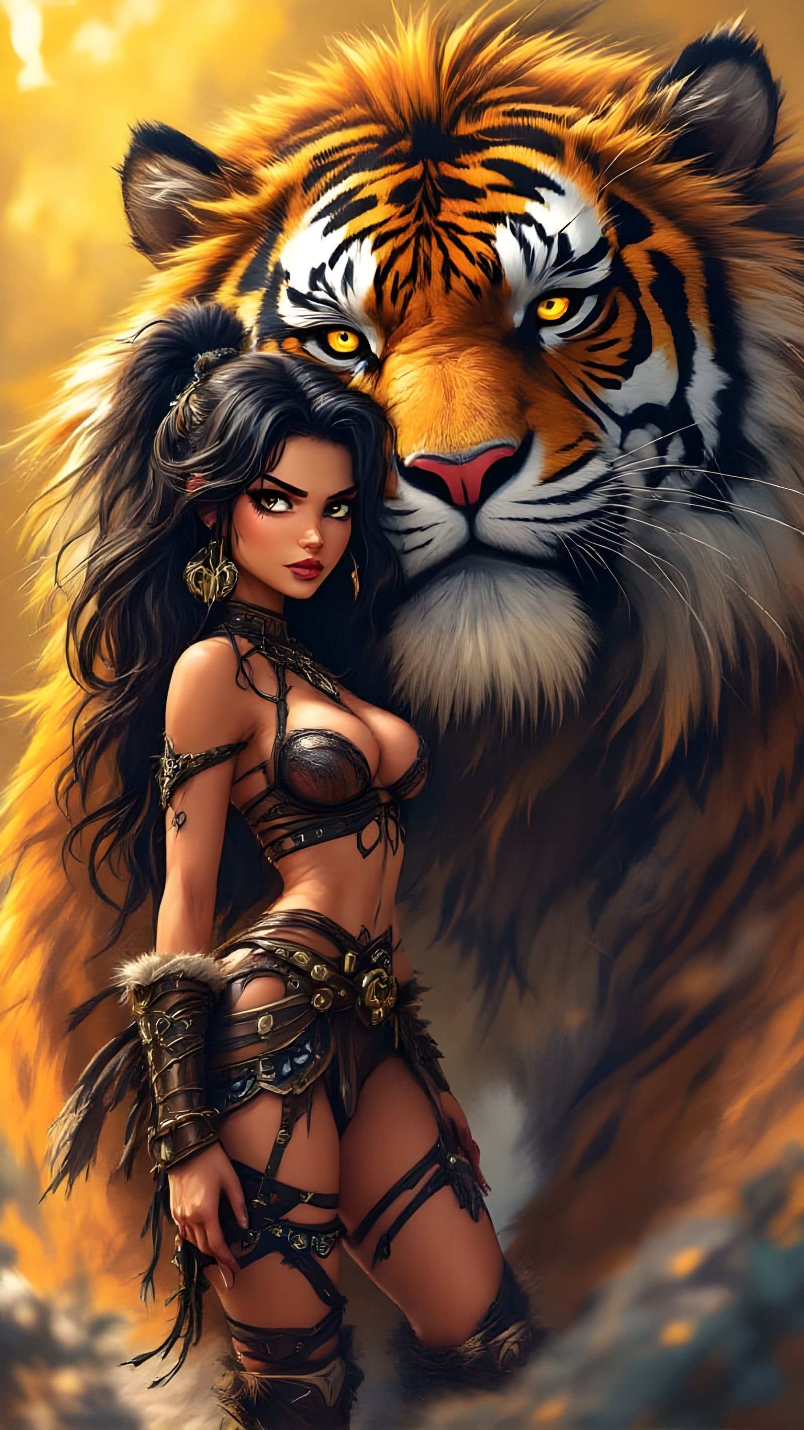 Retro Chibi Barbarian Warrior and Sabertooth Tiger in a Fant...