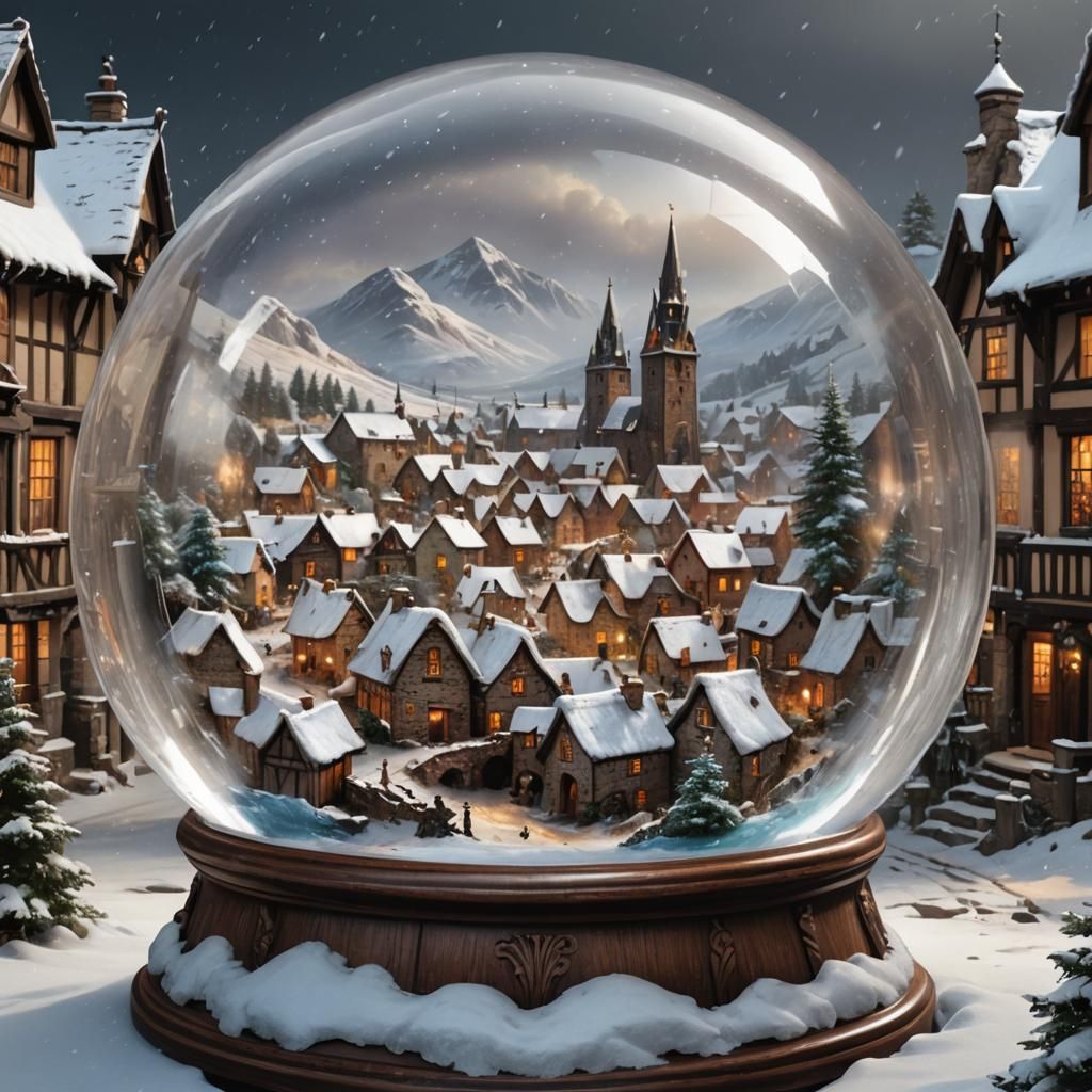 Scottish Village in Snow Globe: Hyperrealistic Splash Art