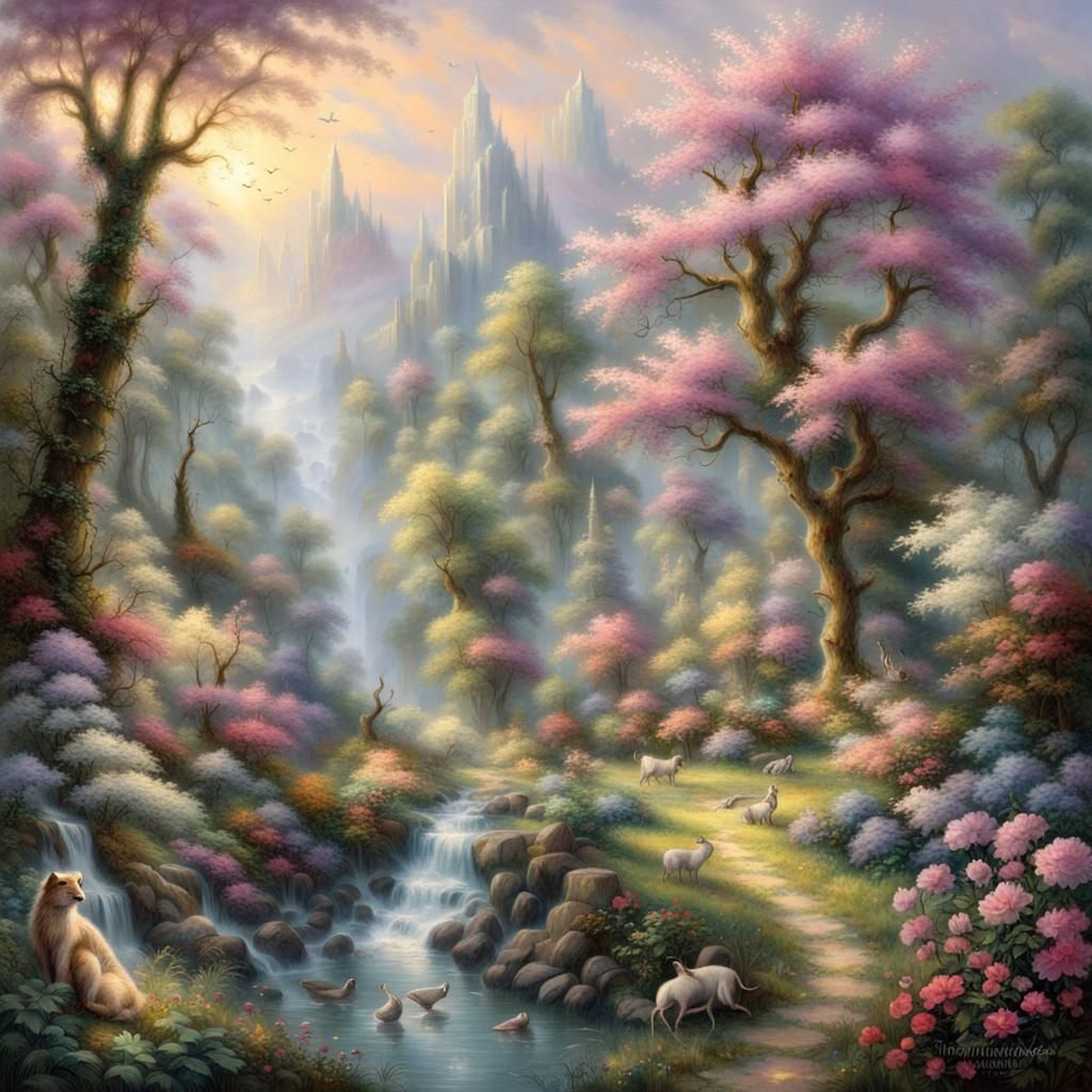Ethereal Forest Landscape with Hidden Animals
