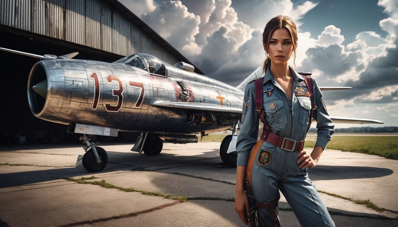Female Pilot Stands Before Aircraft in Oil Painting Style