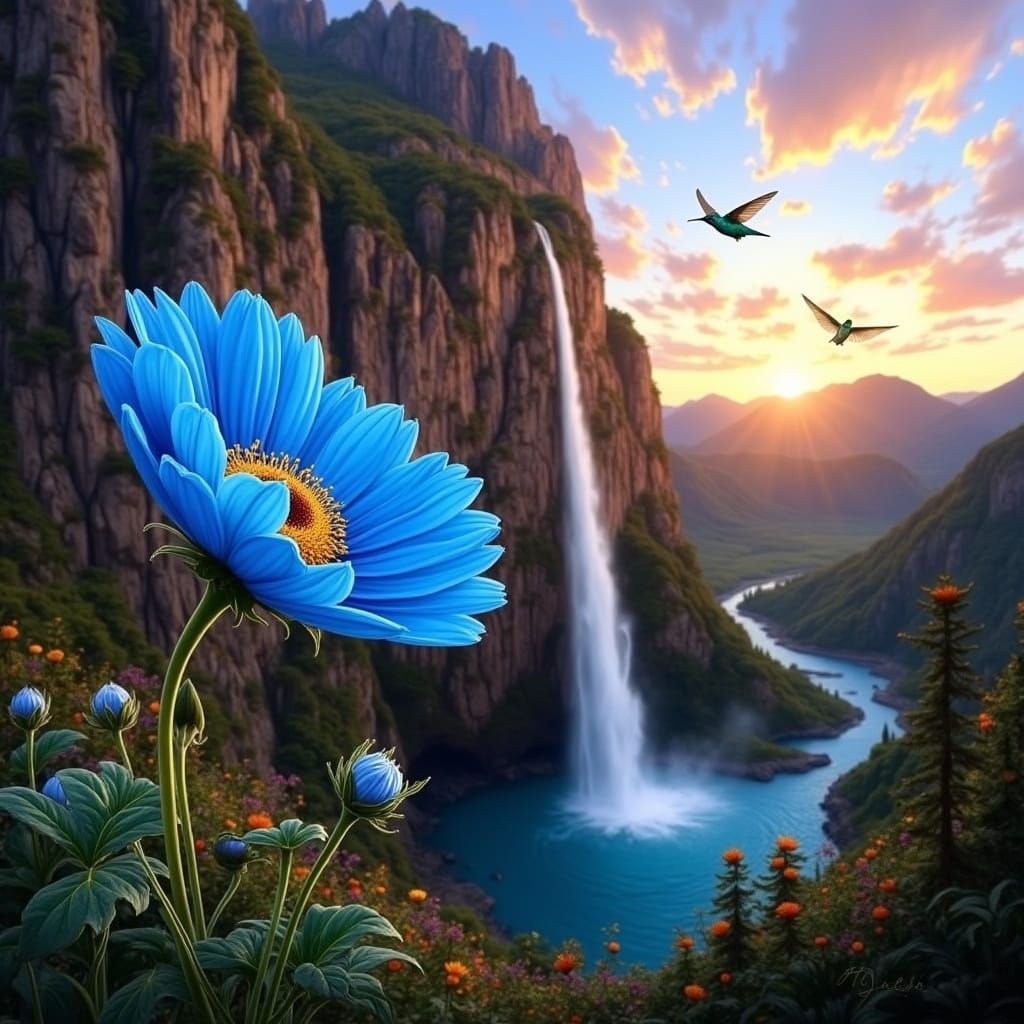 Vibrant Blue Mountain Bloom in Whimsical Oil Painting Style