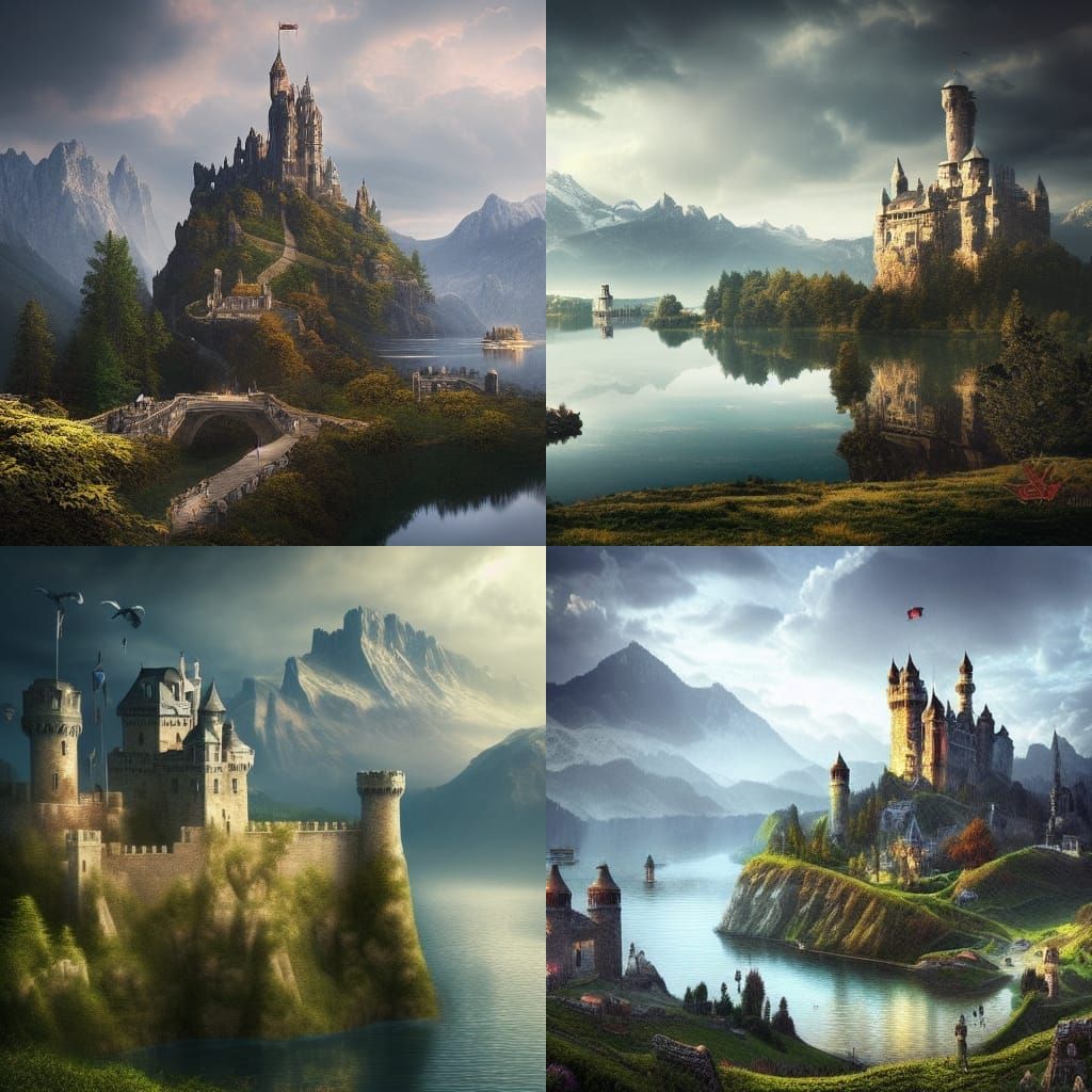 Hilltop Castle with Lakes and Mountains