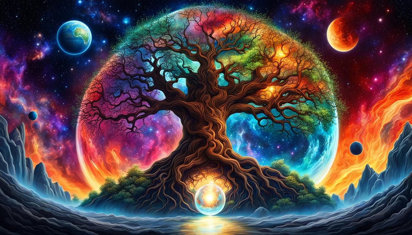 Anthropomorphic Yggdrasil in Hourglass Digital Illustration