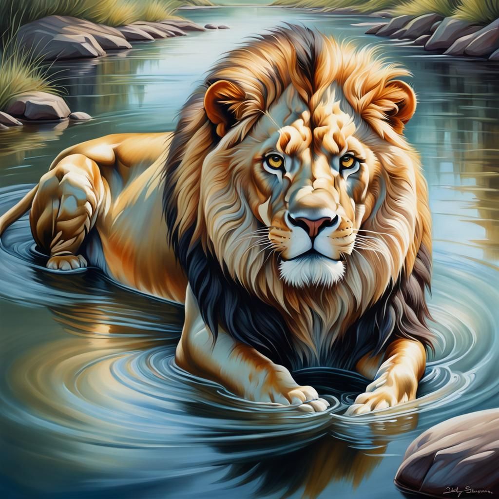 Lion in River: Contemporary Art Oil Painting