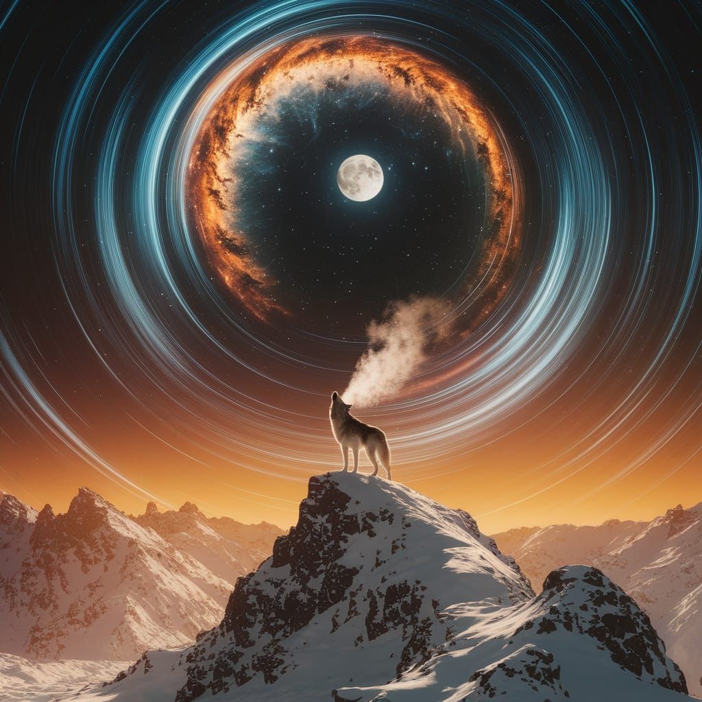 Wolf Howling at Moon on Snowy Peak in Atmospheric Style