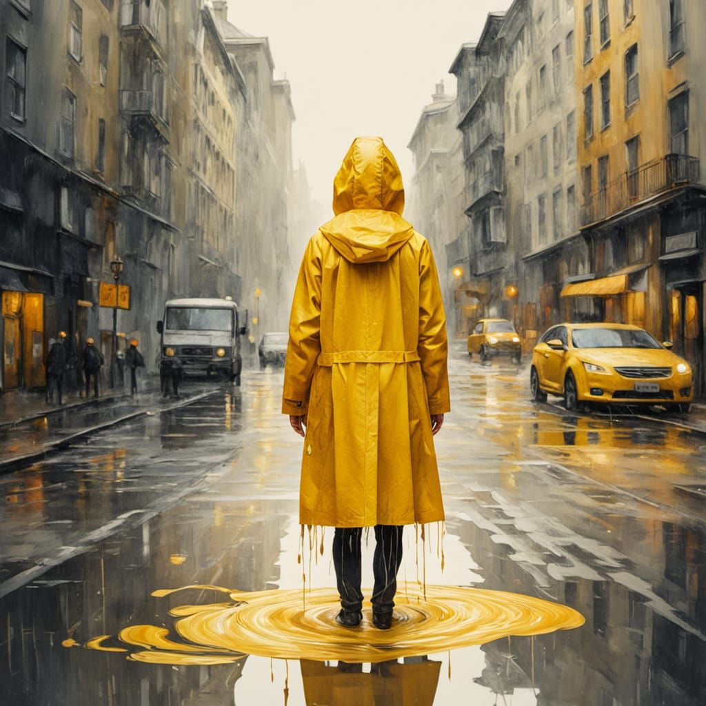 Surreal Dissolving Woman in Rainy City: Watercolor Style