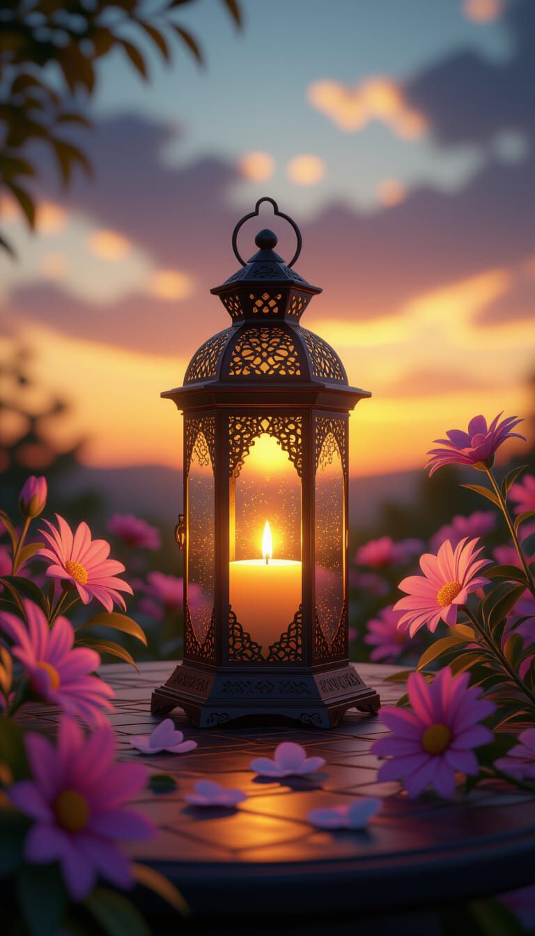 Renaissance Lantern Surrounded by Flowers at Sunset