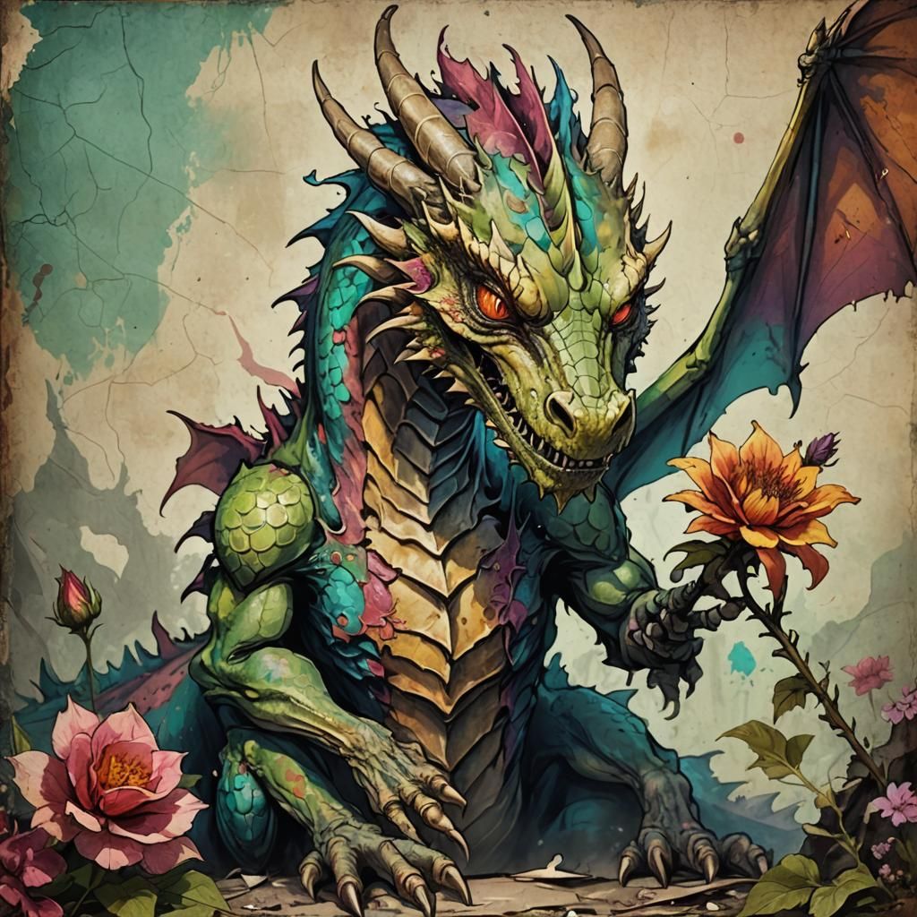 Low-Resolution Dragon with Wilted Flower: Fantasy Artwork