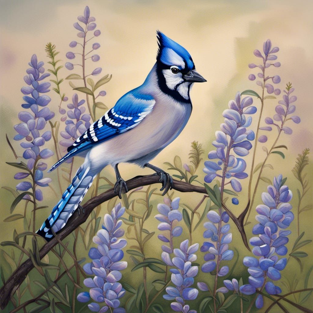 Blue Jay Among Lupines: A Realistic Wildlife Scene
