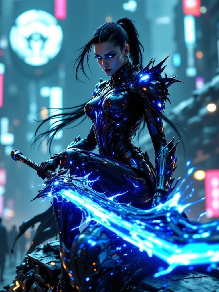 Oriental Warrior in Futuristic City Armor