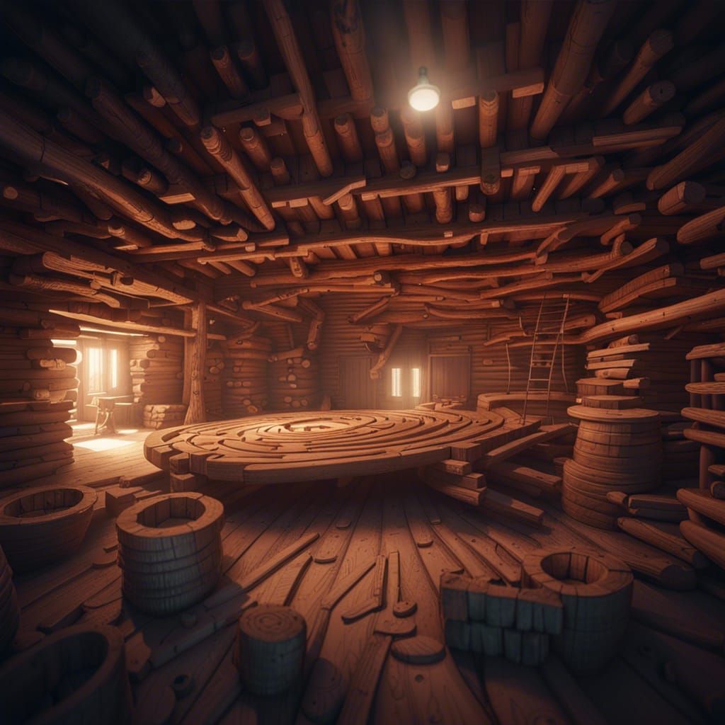 Wooden Maze Basement in Forest, 3D Concept Art