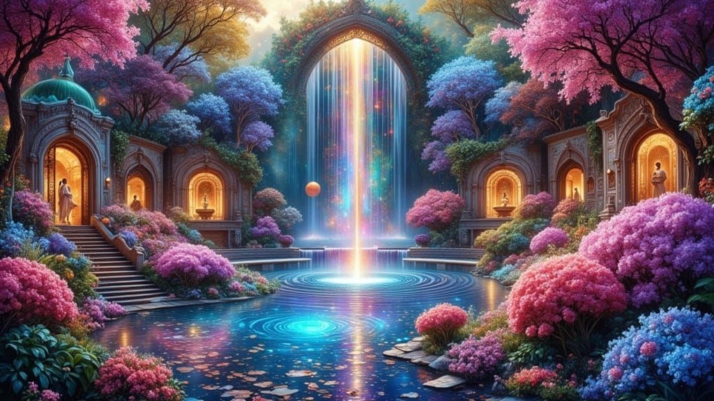Mystical Temple Garden with Holographic Rainbow Sheen