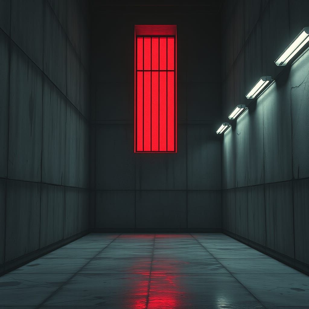 Brutalist Prison Cell in Crimson-Lit Dystopia
