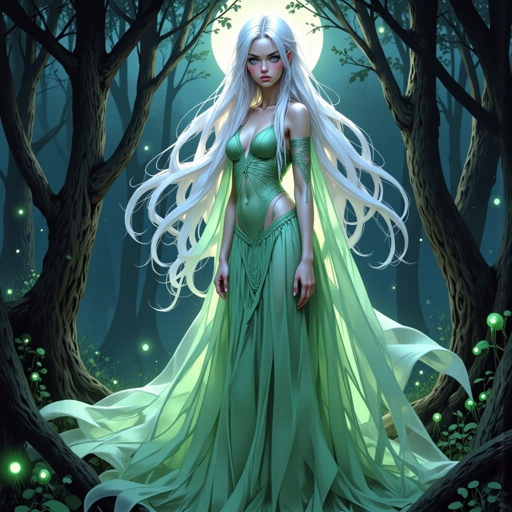 Ethereal Anime Woman in Moonlit Forest