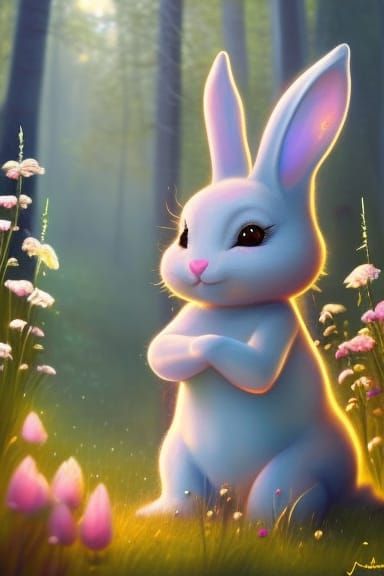 Happy White Bunny in Forest, Storybook Illustration