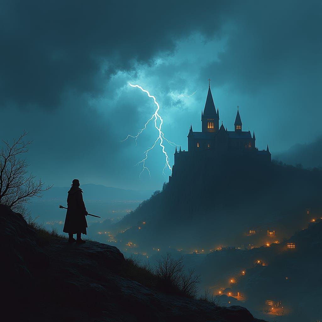 Cathedral Overlooking Town During Night Lightning Storm