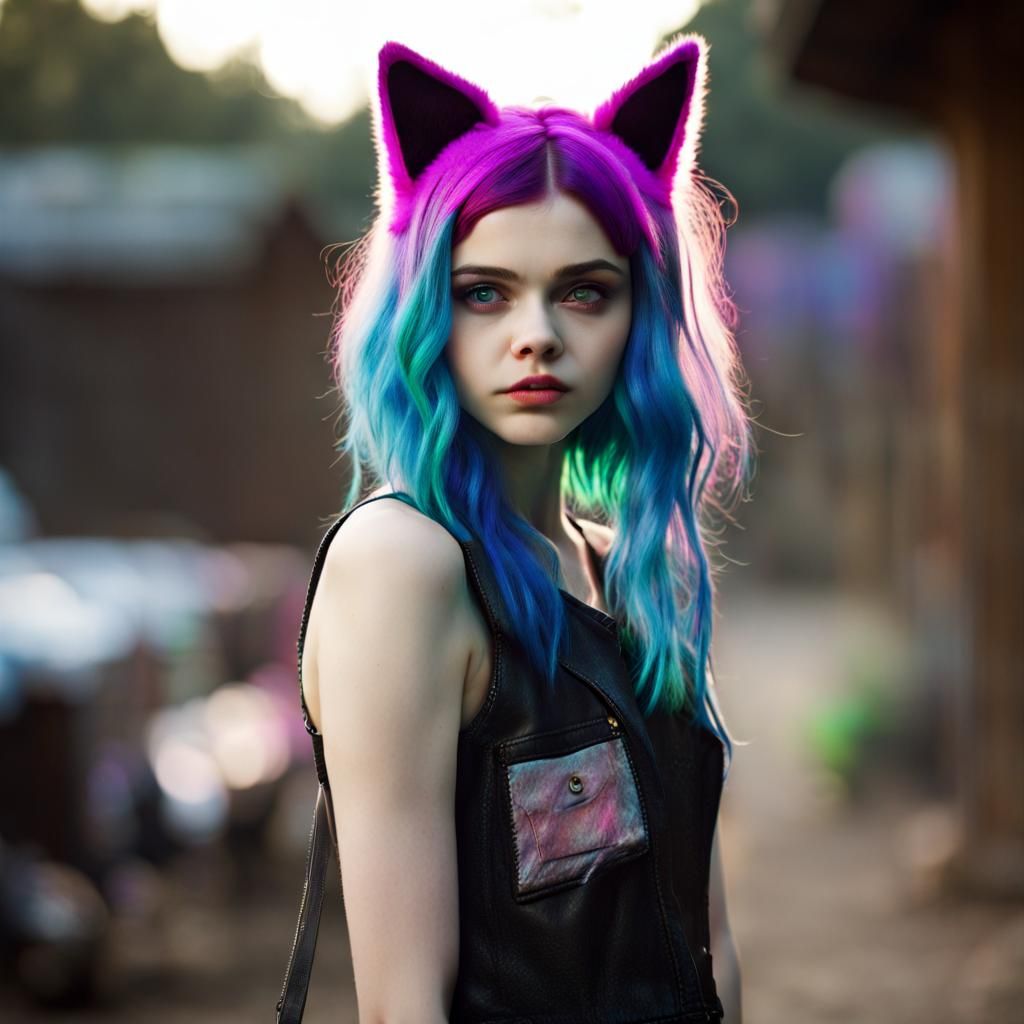 Woman with Neon Hair and Wolf Ears in 4K