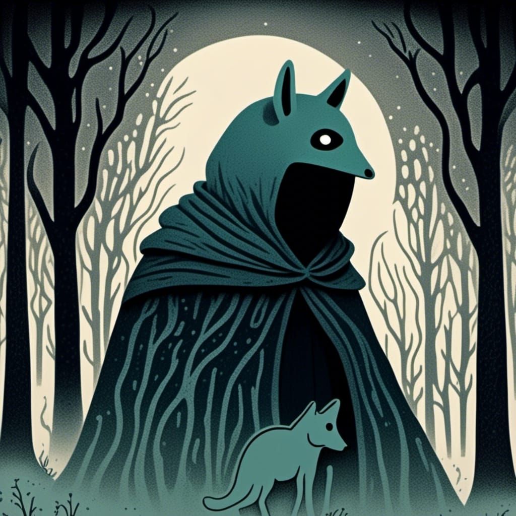 Mystical Cloaked Figure with Ghost Wolf