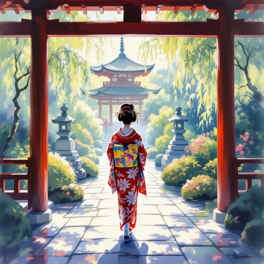 Ethereal Geisha in Magical Pagoda Garden
