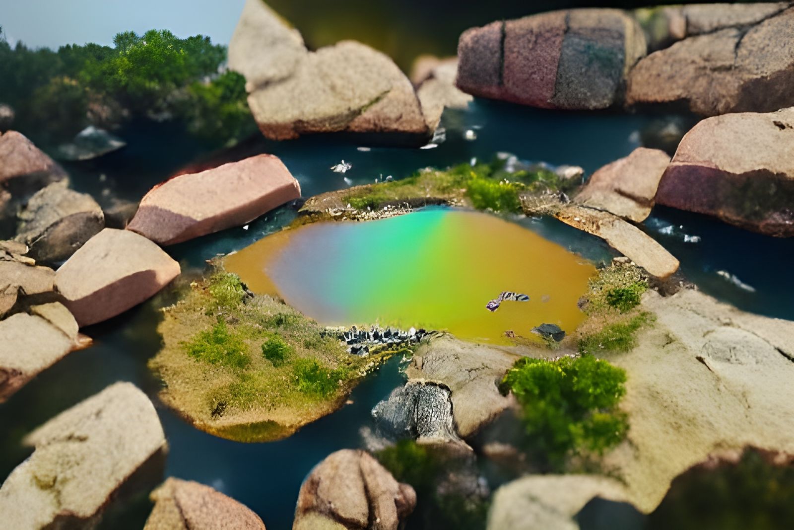 Magical Rainbow Pond on Rocky Island: Photorealistic Drone F...