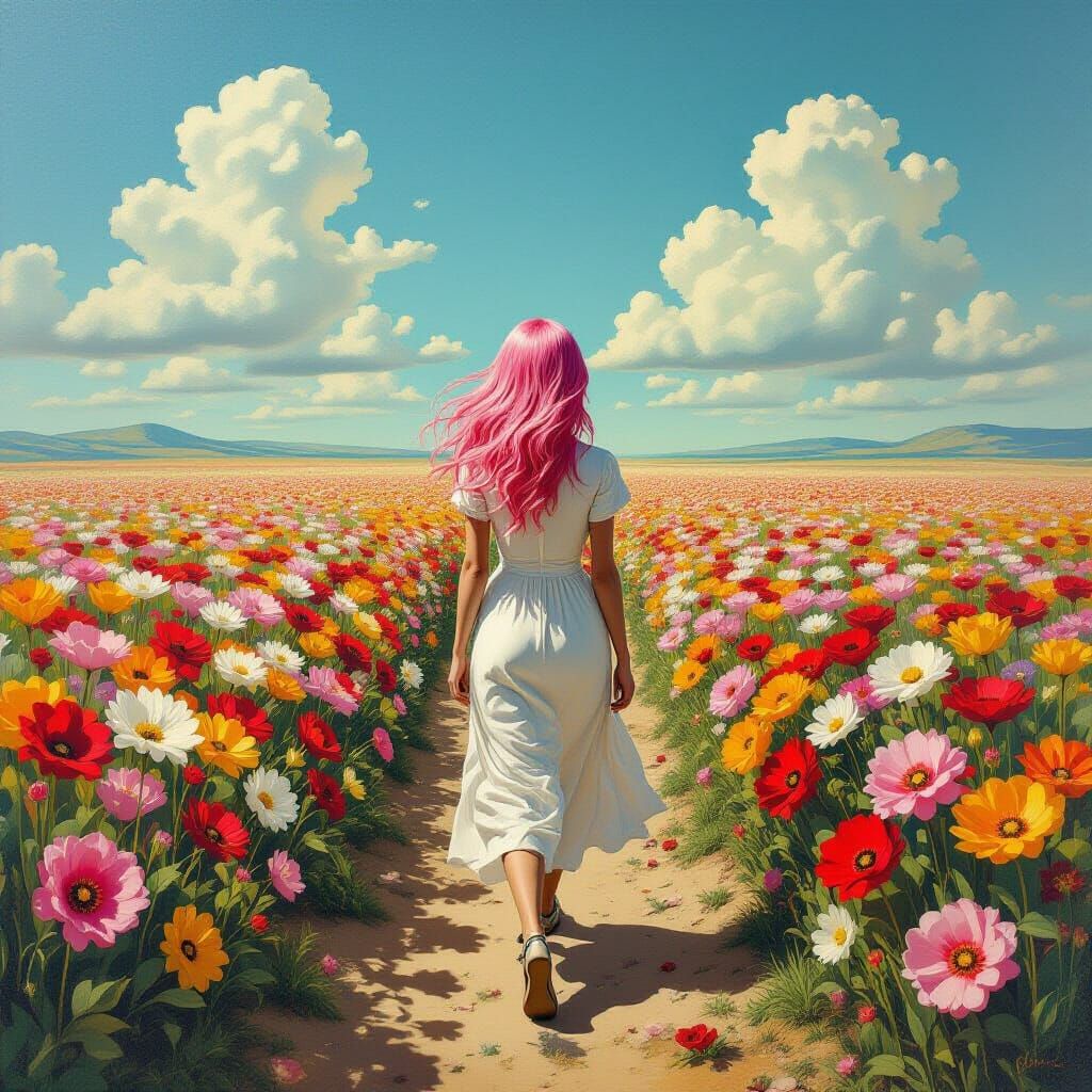 Pink-Haired Woman in a Surreal Floral World